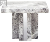 Saronno grey marble side table with sleek grey marble top and three vertical stone pillars in modern design