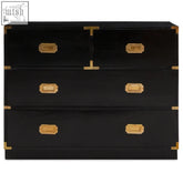 Black mango wood chest with four drawers and gold toned brass rectangular pulls in sleek lacquered finish
