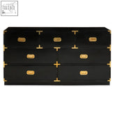 Black lacquered seven drawer mango wood chest with gold tone hardware and rectangular drawer pulls