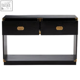 Black mango wood console table with two drawers and gold-tone hardware for stylish storage