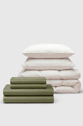 Olive green cotton sateen bedding set with matching pillowcases and white duvet perfect for move-in day