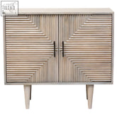 Gray two door greywash carved mango wood sideboard with vertical slats and geometric door pattern satna model