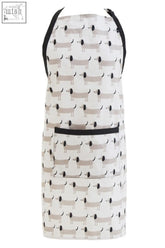 White dog apron with grey sausage dog pattern and black trim on straps and pocket perfect sausage dog apron