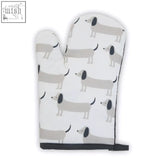 White sausage dog single oven glove with gray dachshund pattern and black fabric wrist strap for safe handling