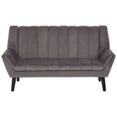 Savina 2-seat grey sofa features a grey velvet sofa with tufted back and seat cushions on sleek black legs