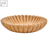 Light brown hand carved wooden bowl with scalloped rim perfect for compact surfaces and fluted marble bowl style