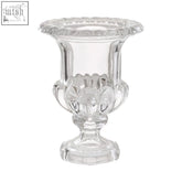 Clear crystal savita footed vase with round base and ribbed rim featuring intricate floral and scrollwork detailing