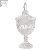 Clear crystal small decorative jar with intricate cut glass patterns and matching lid perfect for decor
