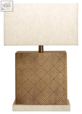 Bronze geometric-patterned savoy gold finish table lamp with cream linen shade and marble base table accent