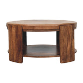 Savoy leather coffee table with round wooden top warm brown finish and two sturdy curved legs supporting an upper shelf