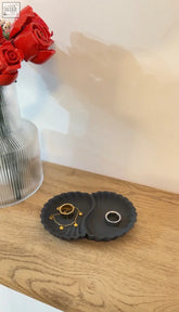 Black ceramic scallop twin trinket dish with scalloped edges and gold star accents perfect for small jewelry storage