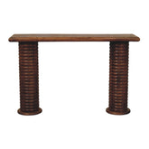 Dark brown wooden sculpted leg console table with ribbed cylindrical legs perfect for any living space