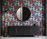 Black ribbed sideboard scute with vertical gold handles and slender legs perfect for oriental dragon wallpaper decor