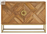 Rustic wooden sedea sideboard with geometric chevron twin doors and gold handles for stylish living spaces