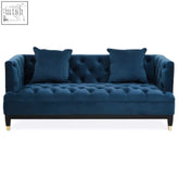 Deep blue velvet tufted sefira 2 seat navy fabric sofa with matching pillows and gold tone legs