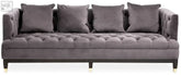 Sefira 3 seat viola pirate grey fabric sofa with gray velvet tufted design, dark wood legs, and gold tone feet