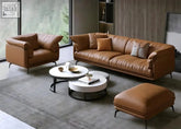 Brown leather seiko sofa set with matching armchair and ottoman featuring modern minimalist design