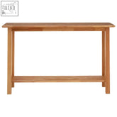 Light brown natural rectangular console table with simple minimalist design and lower shelf in wood