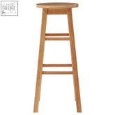 Light oak selby natural tropical hevea wood tall bar stool with round seat and four legs connected by horizontal rungs