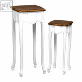 Serena set of two white wooden accent tables with distressed finish and warm brown tops without high gloss finish