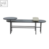 Modern black metal coffee table with three oval tops featuring black oak veneer and marble coffee table design