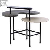 Modern serrano coffee table with nested side tables in sleek black metal frames and matte gray brushed gold finishes