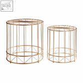 Set of 2 lexi round side tables with warm gold wire cylindrical frames and geometric lattice designs