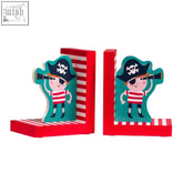 Set of 2 pirate bookends with red and white striped wooden design featuring teal cartoon pirates with eye patches motifs spark curiosity