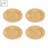 Set of 4 gold finish charger plates with faux leather stitched rim pattern perfect for formal dining