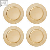 Set of four 33cm gold charger plates with hammered textured rims in a gold toned metallic finish