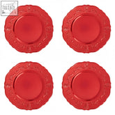 Set of four 33cm dia red finish baroque charger plates with vibrant embossed design and smooth edges
