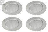 Set of four 33cm dia redbud silver charger plates with silver-toned metal and embossed floral geometric patterns rim