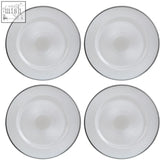 Set of four white glass charger plates with embossed ribbed texture and thin silver rim 33cm diameter