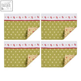 Set of four rose cottage olive green napkins with pink floral polka dot patterns and red scalloped edges