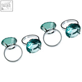 Set of five teal diamante napkin rings with silver-toned metal bands for stylish table settings