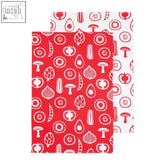 Set of three besa red tea towels with red and white vegetable and mushroom patterns in bold outlines