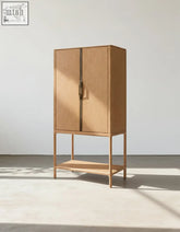 Minimalist sethi wine sideboard solid wood cabinet with light wood finish metal legs and open shelf for wine storage