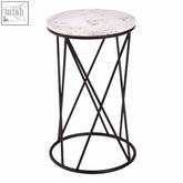 Black metal geometric cross design round side table with white marble top shalimar cross design style