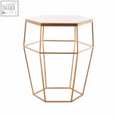 Shalimar hexagonal marble top side table with gold-toned geometric base and white marble hexagonal surface
