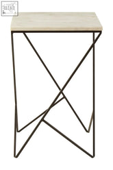 Shalimar marble top square side table with light marble top and intricate black iron base minimalist design