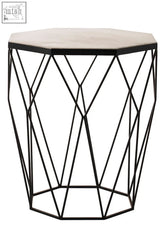 Shalimar octagon matte black side table with black geometric metal base and light stone top for modern spaces
