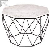 Shalimar octagon table with white marble top and black geometric metal frame perfect for stylish living rooms