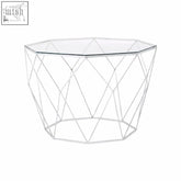 Shalimar octagonal silver coffee table with geometric wireframe silver metal frame and clear glass top coffee table
