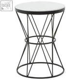 Modern black metal side table with shalimar round white marble top and geometric wireframe design