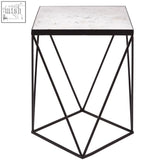 Shalimar square black finish side table with geometric metal base and white marble top for stylish living spaces