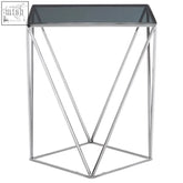 Shalimar square side table with chrome finish quadrilateral base and black tempered dark gray glass top