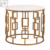 Shalimar white marble top side table with gold finish base and geometric metal frame for stylish living spaces