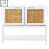 White wood console table with rattan two drawer cane-paneled doors and a lower shelf for extra storage