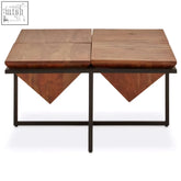 Modern shimla acacia pyramid coffee table with warm brown wooden top and black metal legs with triangular cutouts