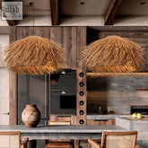 Two rustic golden-brown shinto light pendant lights feature natural woven materials for warm ceiling decor